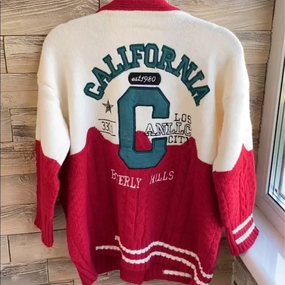 Cardigan sweater pocket cable knit duo-color red sporty - Picture 4 of 6